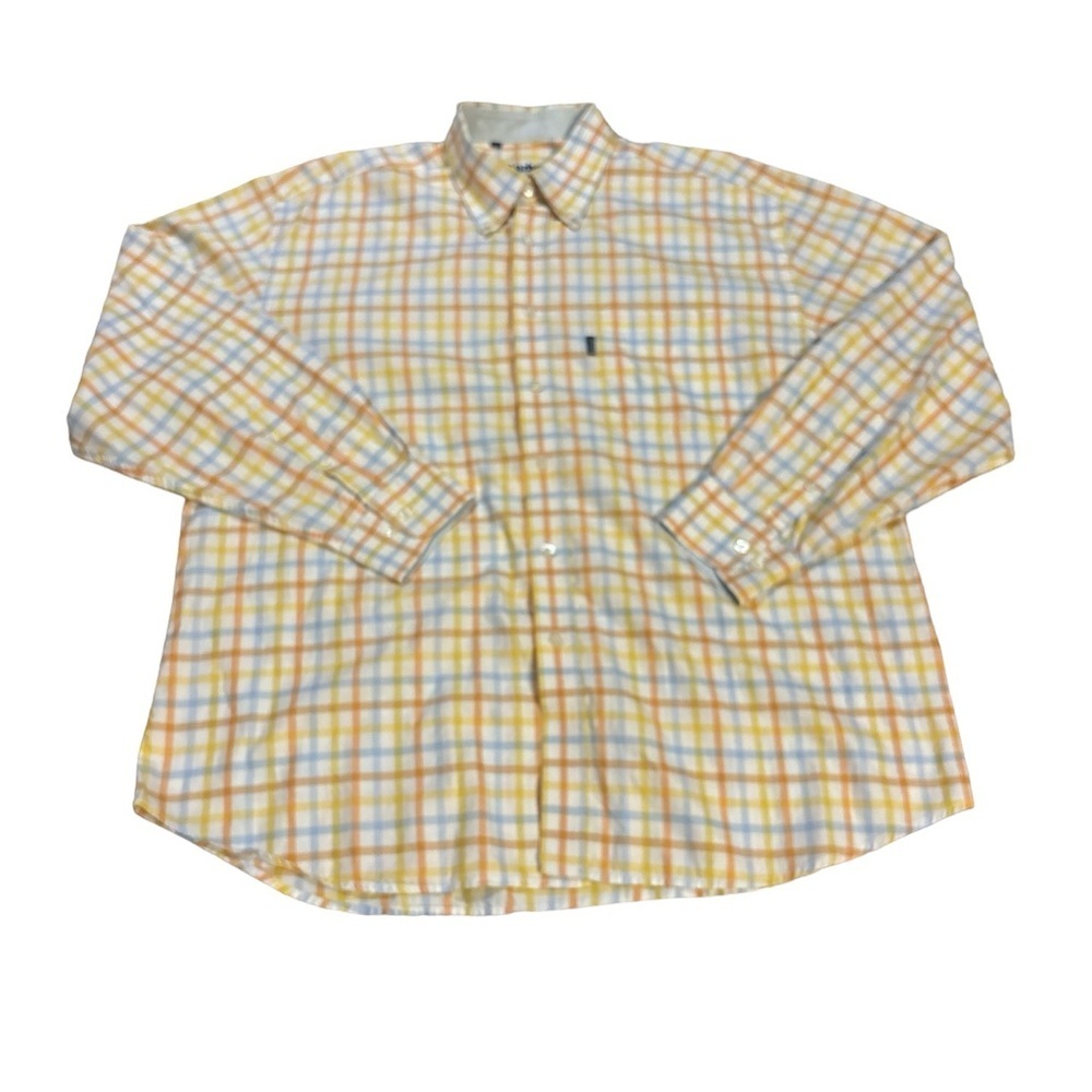 Barbour The Sporting Button Up Shirt Orange Yelloe Blue and White Plaid Size XXL